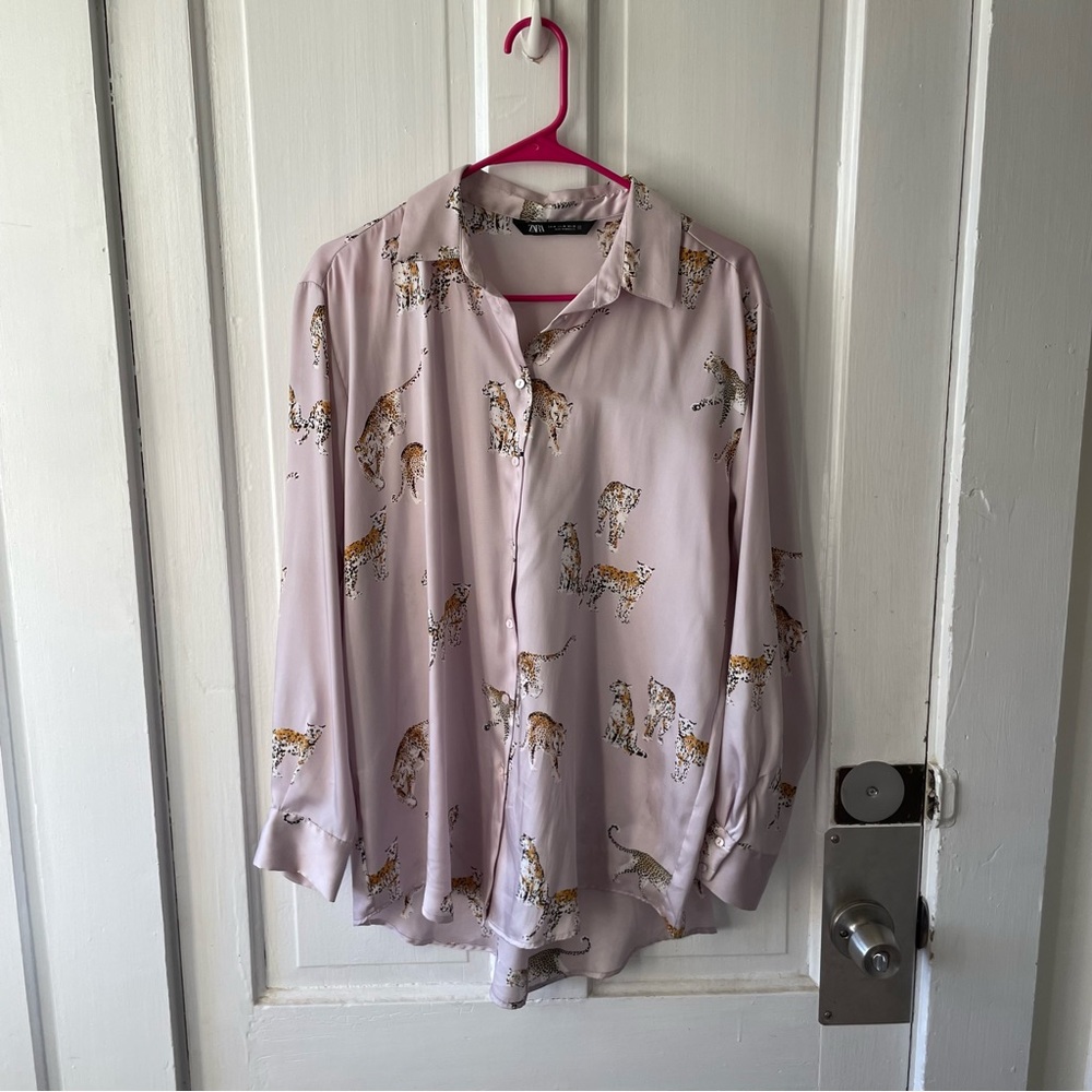 ZARA Leopard Print Light Pink Chic Silky Satin Button Down Blouse
